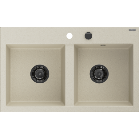 Mexen Hektor гранитна мивка с 2 отделения 800 x 480 mm, бежова, черен сифон - 6521802000-69-B