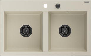 Mexen Hektor гранитна мивка с 2 отделения 800 x 480 mm, бежова, черен сифон - 6521802000-69-B