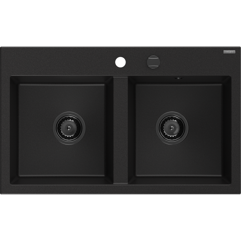 Mexen Hektor двукамерна гранитна мивка 800 x 480 mm, черна, черен сифон - 6521802000-77-B