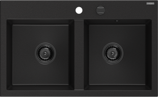 Mexen Hektor двукамерна гранитна мивка 800 x 480 mm, черна, черен сифон - 6521802000-77-B