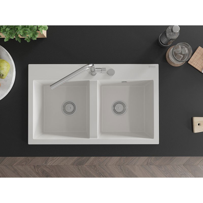 Mexen Hektor мивка от гранит 2-камерна 800 x 480 mm, бяла, сифон хром - 6521802000-20