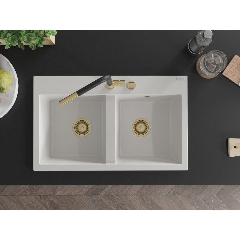 Mexen Hektor гранитна мивка с 2 отделения, 800 x 480 мм, бял, златен сифон - 6521802000-20-G