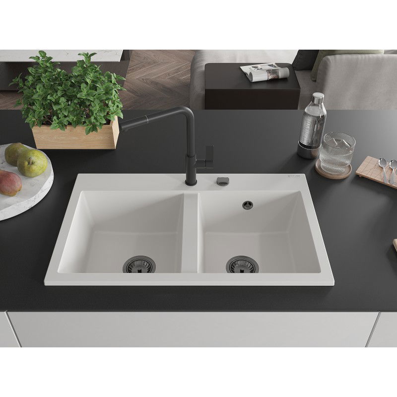 Mexen Hektor гранитна мивка с 2 камери 800 x 480 mm, бяла, черен сифон - 6521802000-20-B