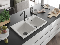 Mexen Hektor гранитна мивка с 2 камери 800 x 480 mm, бяла, черен сифон - 6521802000-20-B