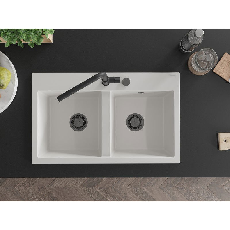Mexen Hektor гранитна мивка с 2 камери 800 x 480 mm, бяла, черен сифон - 6521802000-20-B