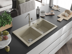 Mexen Hektor гранитна мивка с 2 камери 800 x 480 мм, бежова, хромиран сифон - 6521802000-69