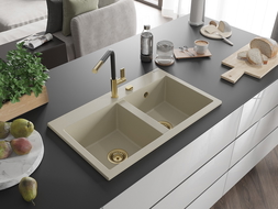 Mexen Hektor гранитна мивка с 2 отделения 800 x 480 мм, бежова, златен сифон - 6521802000-69-G