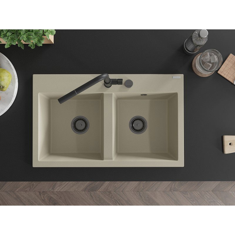Mexen Hektor гранитна мивка с 2 отделения 800 x 480 mm, бежова, черен сифон - 6521802000-69-B