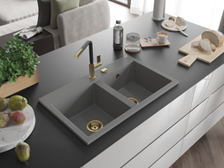 Mexen Hektor гранитна кухненска мивка с 2 отделения 800 x 480 mm, сива, сифон златен - 6521802000-71-G