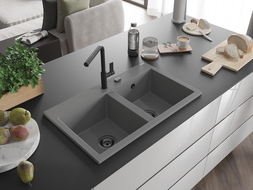 Mexen Hektor кухненска мивка от гранит, с два басейна 800 x 480 mm, сива, черен сифон - 6521802000-71-B