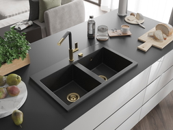 Mexen Hektor гранитна мивка с две камери 800 x 480 мм, черен/сребърен металик, златен сифон - 6521802000-73-G