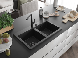 Mexen Hektor гранитна мивка с 2 отделения 800 x 480 мм, черен/сребърен металик,