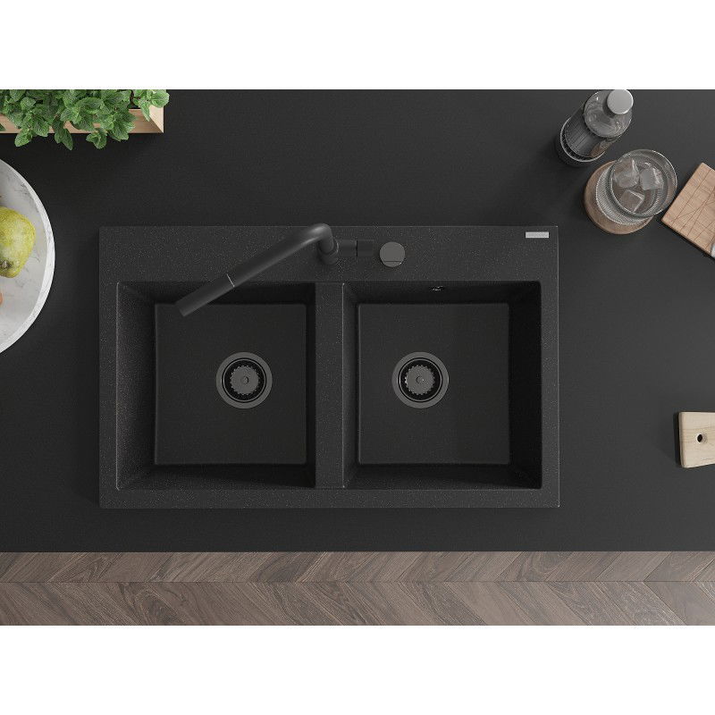 Mexen Hektor гранитна мивка с 2 отделения 800 x 480 мм, черен/сребърен металик,