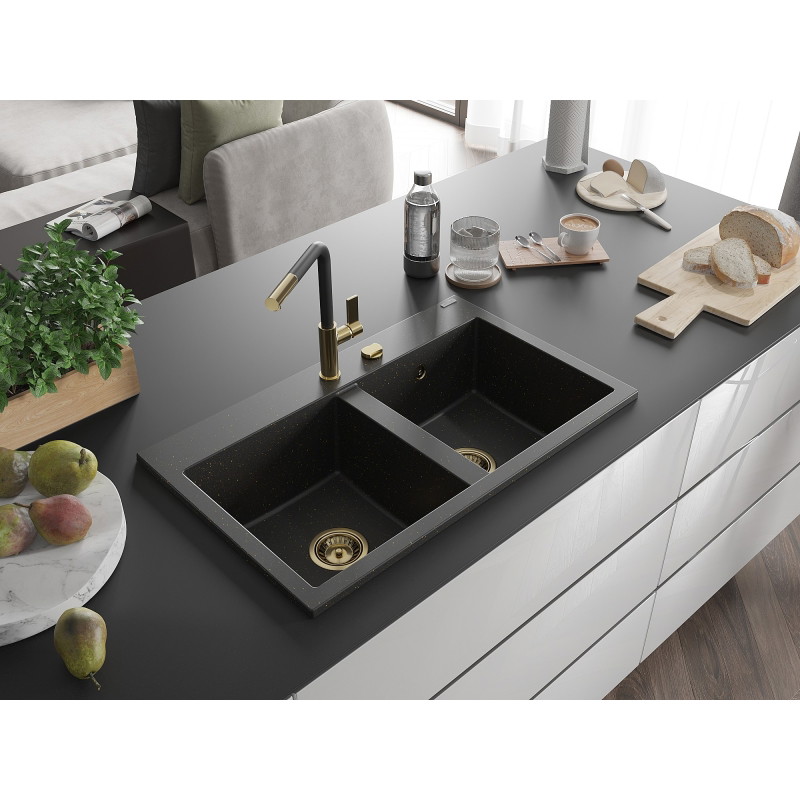 Mexen Hektor гранитна мивка с 2 камери 800 x 480 mm, черно/златист металик, златен