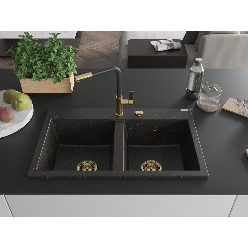 Mexen Hektor гранитна мивка с 2 камери 800 x 480 mm, черно/златист металик, златен
