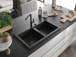 Mexen Hektor двоен кухненски гранитен мивка 800 x 480 мм, черен/златен металик, сифон черен - 6521802000-75-B