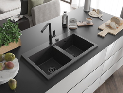 Mexen Hektor гранитна мивка с 2 отделения 800 x 480 mm, черна на петна, черен сифон - 6521802000-76-B