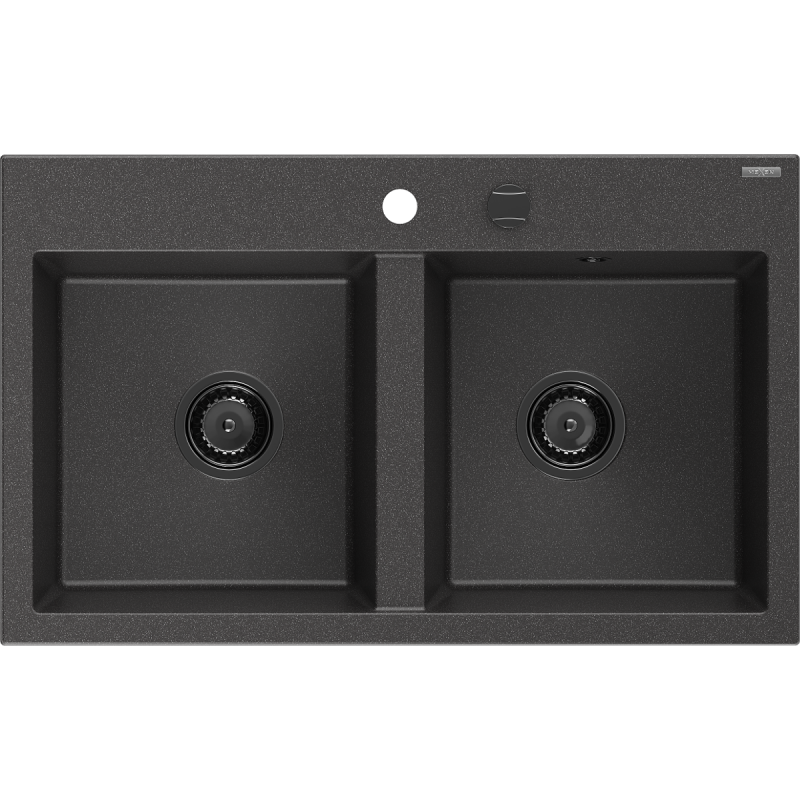 Mexen Hektor гранитна мивка с 2 отделения 800 x 480 mm, черна на петна, черен сифон - 6521802000-76-B