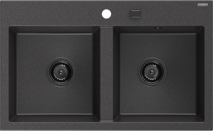 Mexen Hektor гранитна мивка с 2 отделения 800 x 480 mm, черна на петна, черен сифон - 6521802000-76-B