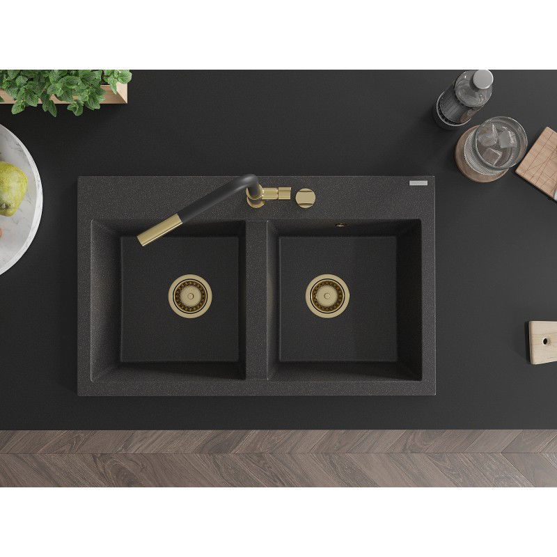 Mexen Hektor гранитна мивка с 2 камери 800 x 480 мм, черна с пръски, сифон златист - 6521802000-76-G