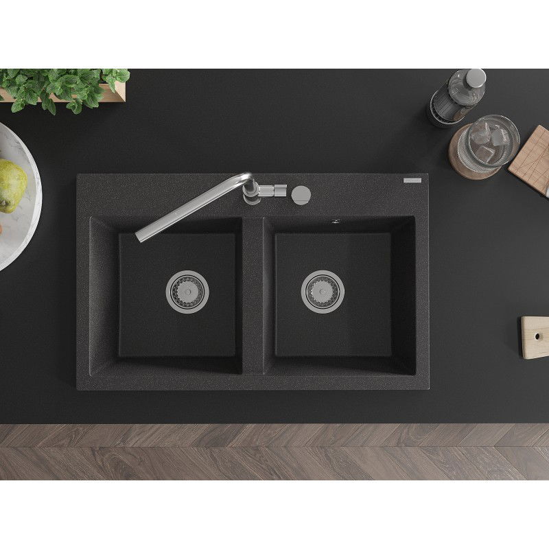 Mexen Hektor гранитна мивка с 2 камери 800 x 480 mm, черна на пръски, хромиран сифон - 6521802000-76