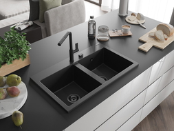 Mexen Hektor двукамерна гранитна мивка 800 x 480 mm, черна, черен сифон - 6521802000-77-B