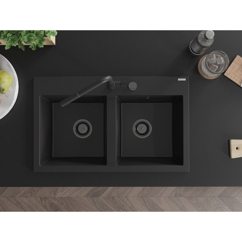 Mexen Hektor двукамерна гранитна мивка 800 x 480 mm, черна, черен сифон - 6521802000-77-B