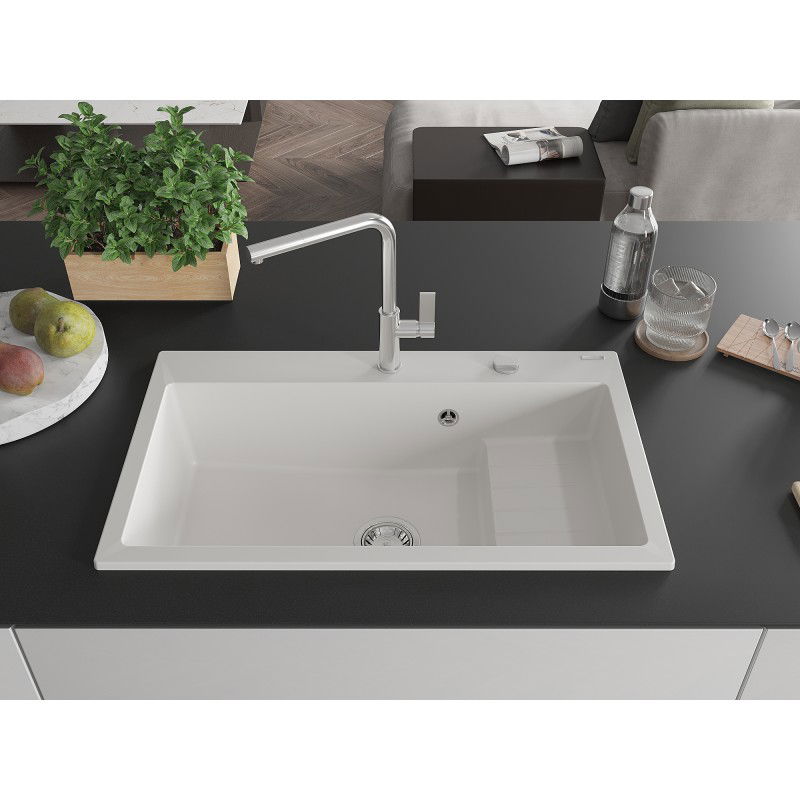 Mexen Omar гранитна мивка с 1 отделение 800 x 480 мм, бяла, сифон хром - 6520801005-20
