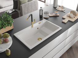 Mexen Omar гранитна мивка с 1 отделение 800 x 480 мм, бяла, златен сифон - 6520801005-20-G