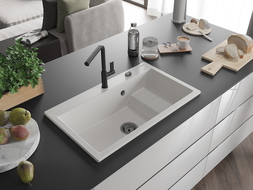 Mexen Omar гранитна мивка с 1 корито 800 x 480 мм, бяла, черен сифон - 6520801005-20-B