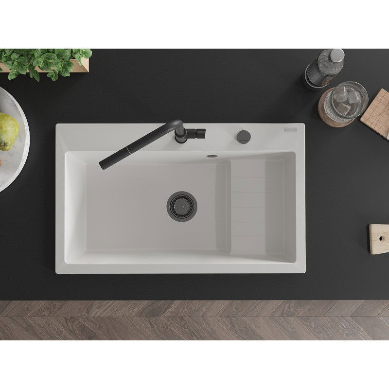 Mexen Omar гранитна мивка с 1 корито 800 x 480 мм, бяла, черен сифон - 6520801005-20-B