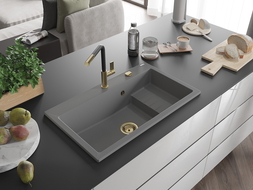 Mexen Omar гранитна мивка с 1 камера 800 x 480 mm, сива, сифон златен - 6520801005-71-G