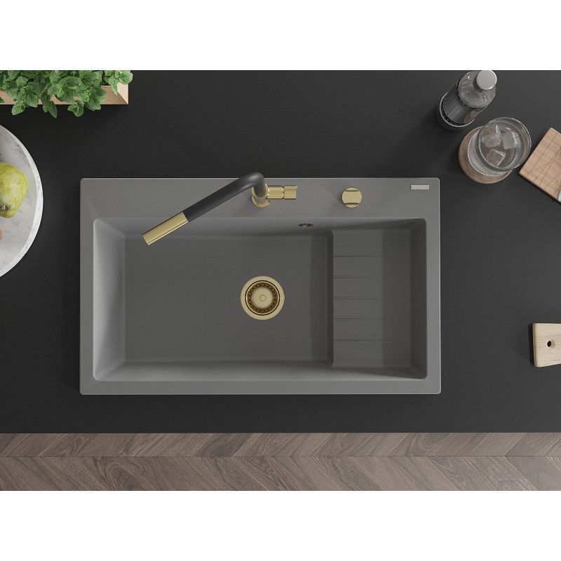 Mexen Omar гранитна мивка с 1 камера 800 x 480 mm, сива, сифон златен - 6520801005-71-G