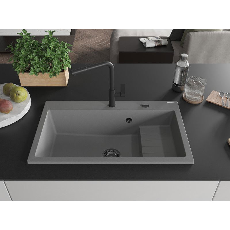 Mexen Omar мивка от гранит с 1 камера 800 x 480 mm, сива, сифона черен - 6520801005-71-B