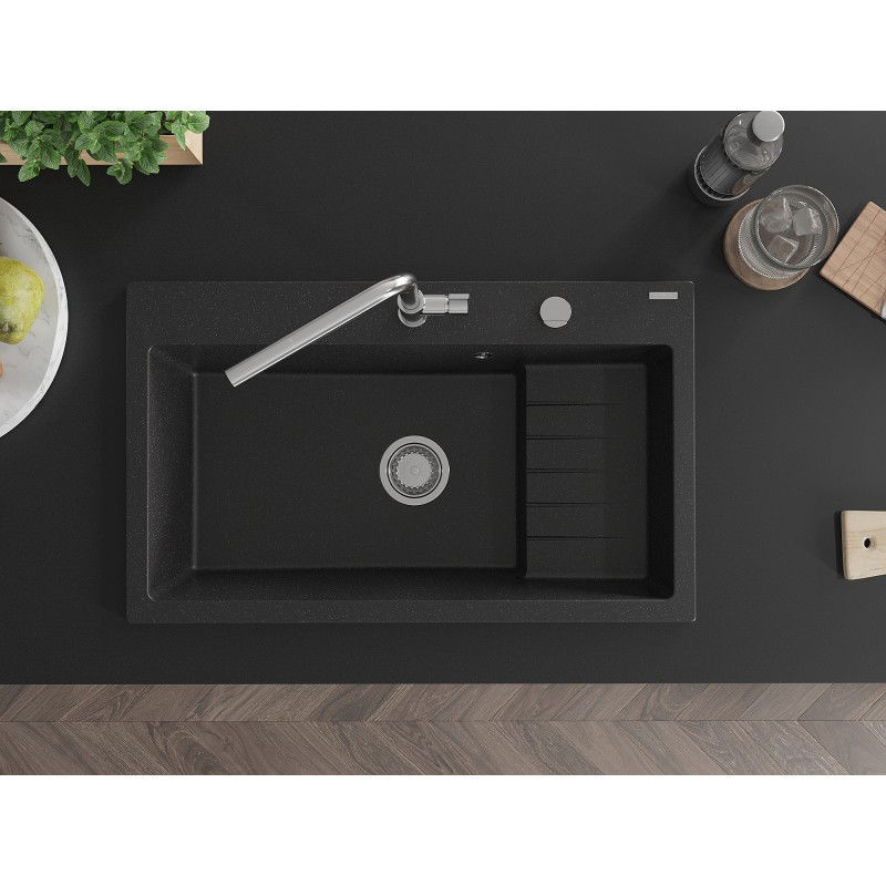 Mexen Omar кухненска мивка от гранит, 1-корпусна, 800 x 480 mm, черен/сребърен металик, сифон хром - 6520801005-73