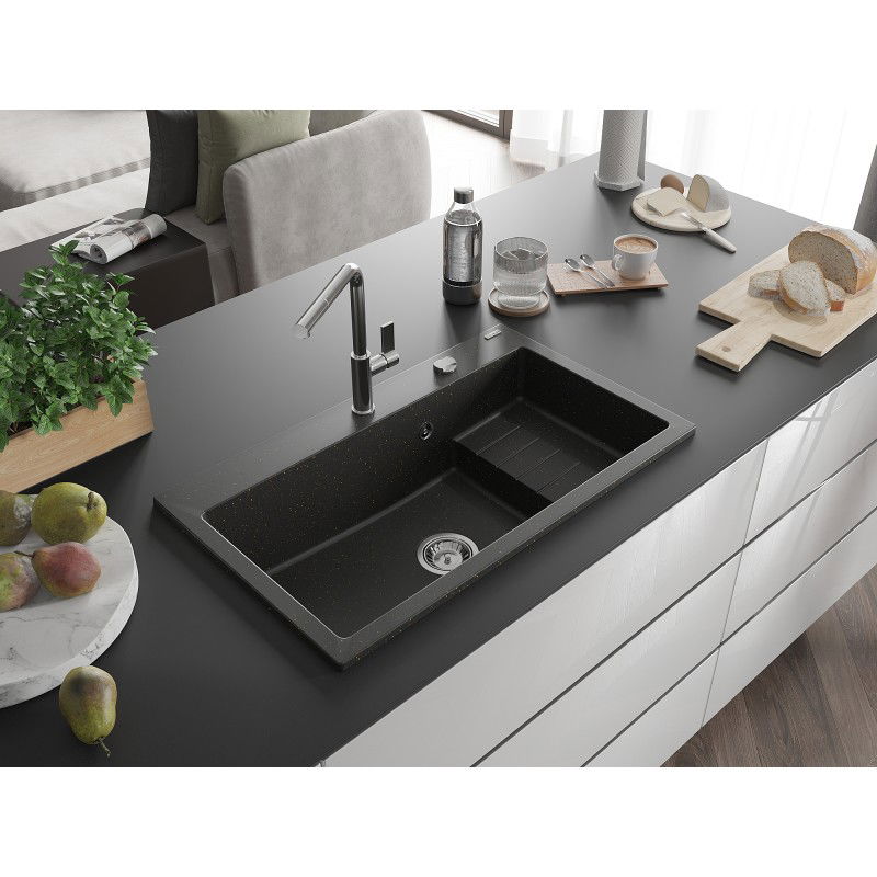 Mexen Omar гранитна мивка с 1 гнездо 800 x 480 мм, черен/златист металик, сифон хром - 6520801005-75