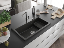 Mexen Omar гранитна мивка с 1 гнездо 800 x 480 мм, черен/златист металик, сифон хром - 6520801005-75