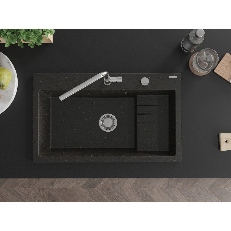 Mexen Omar гранитна мивка с 1 гнездо 800 x 480 мм, черен/златист металик, сифон хром - 6520801005-75