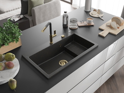 Mexen Omar гранитна мивка с 1 камера 800 x 480 mm, черен/златен металик, златен сифон - 6520801005-75-G