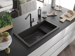 Mexen Omar гранитна мивка с 1 отделение 800 x 480 мм, черен/златен металик, черен сифон - 6520801005-75-B