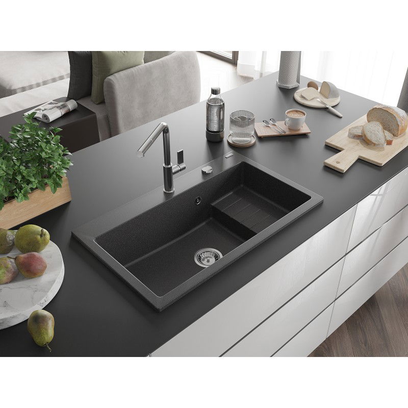 Mexen Omar мивка от гранит 1-камерна 800 x 480 мм, черно накрапана, сифон хром - 6520801005-76