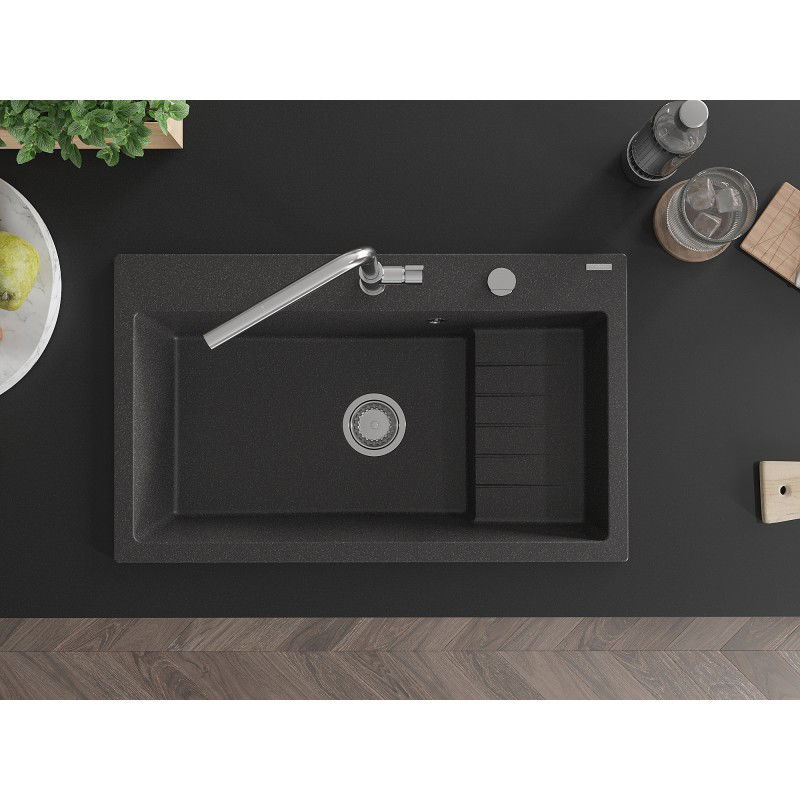 Mexen Omar мивка от гранит 1-камерна 800 x 480 мм, черно накрапана, сифон хром - 6520801005-76