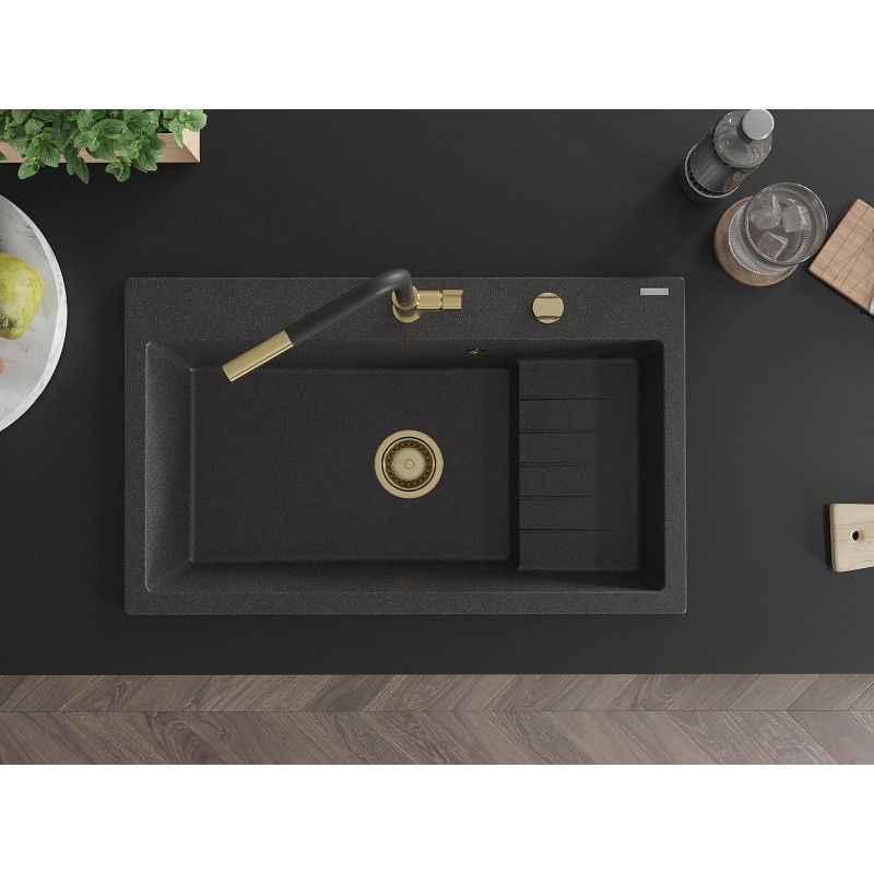 Mexen Omar гранитна кухненска мивка с 1 корито 800 x 480 mm, черна на петна, златен сифон - 6520801005-76-G