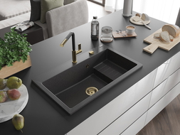 Mexen Omar гранитна кухненска мивка с 1 корито 800 x 480 mm, черна на петна, златен сифон - 6520801005-76-G