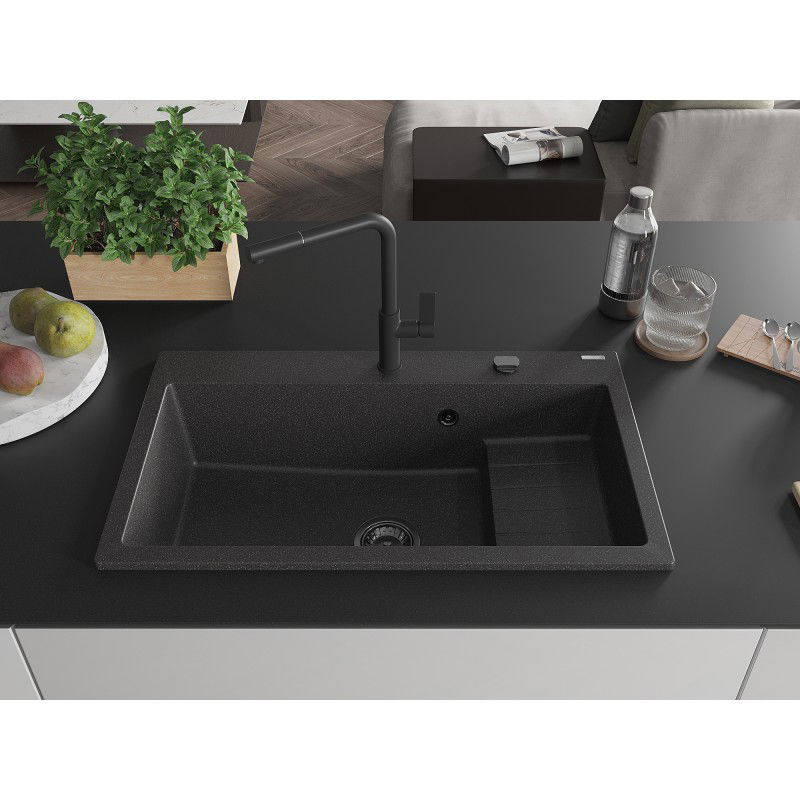 Mexen Omar Гранитна мивка с едно отделение 800 x 480 мм, черна на петна, черен сифон - 6520801005-76-B