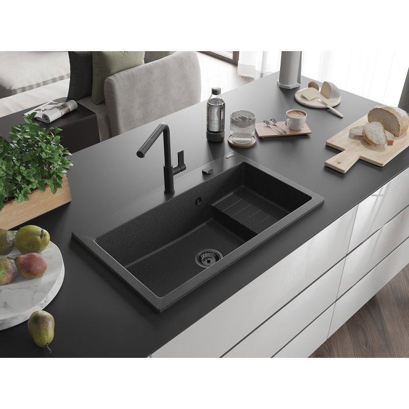 Mexen Omar Гранитна мивка с едно отделение 800 x 480 мм, черна на петна, черен сифон - 6520801005-76-B