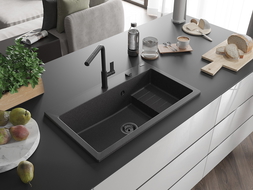 Mexen Omar Гранитна мивка с едно отделение 800 x 480 мм, черна на петна, черен сифон - 6520801005-76-B