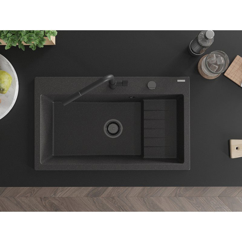 Mexen Omar Гранитна мивка с едно отделение 800 x 480 мм, черна на петна, черен сифон - 6520801005-76-B