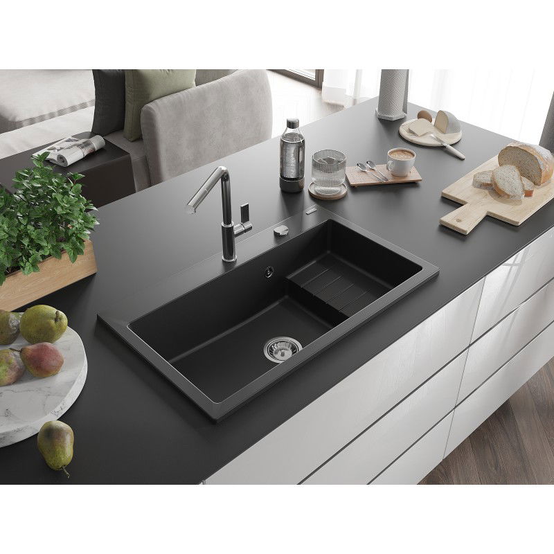 Mexen Omar гранитна мивка с 1 отделение 800 x 480 мм, черен, сифон хром - 6520801005-77