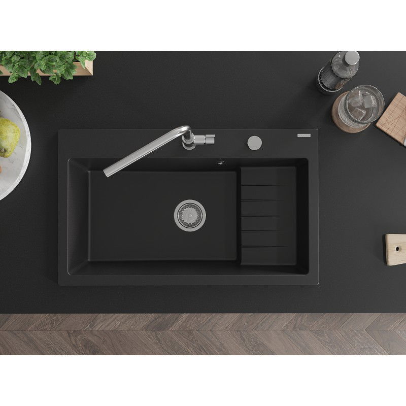 Mexen Omar гранитна мивка с 1 отделение 800 x 480 мм, черен, сифон хром - 6520801005-77